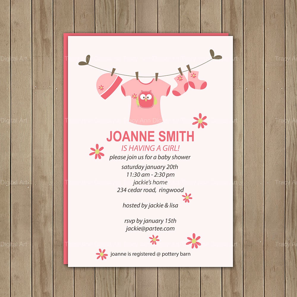Pink  Modern Baby Clothes Line Printable  Invites  Baby Shower/Birthday Invitation New Baby Announcement