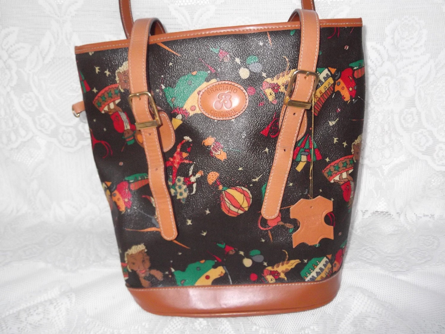 Vintage 1990s Purse Shoulder Bucket Bag Braciano Original Leather Trim Circus Clowns Hot Air Ballons