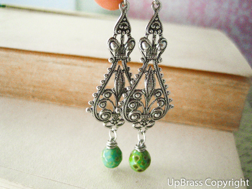 Juno-- Czech fire-polished glass Opaque turquoise green Picasso silver brass filigree VICTORIAN earrings