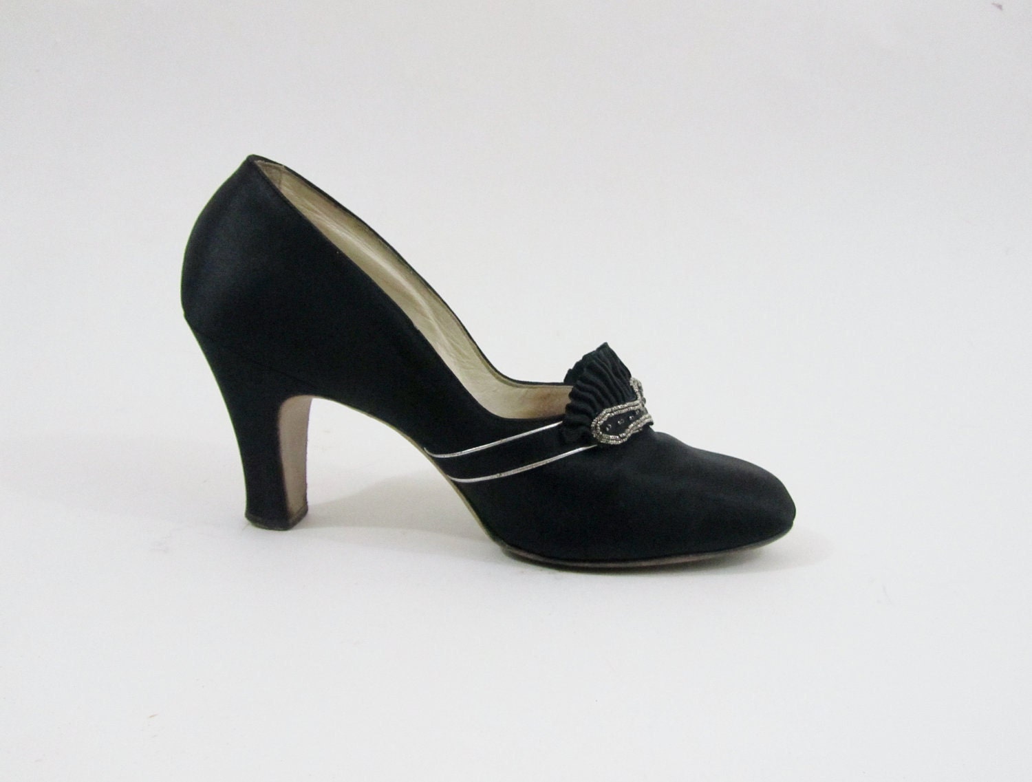 1920s Dress Shoes - Vintage 20s Shoes in Black Silk with Silver & Rhinestone Trim - Size 6 6.5