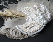 Natural burlap Wedding vintage inspired fascinator bridal hair accessory headpiece champagne nude latte wheat leaves lace feather lot pearls