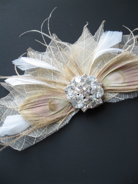 Natural Wedding accessory head piece Beige nude latte leaves fascinator wedding feather rhinestone cream peacock