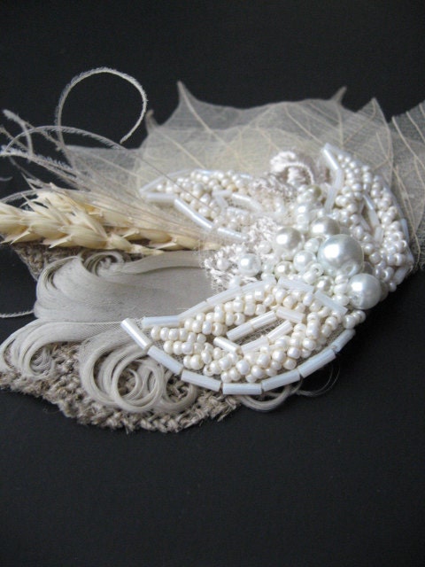Natural burlap Wedding vintage inspired fascinator bridal hair accessory headpiece champagne nude latte wheat leaves lace feather lot pearls
