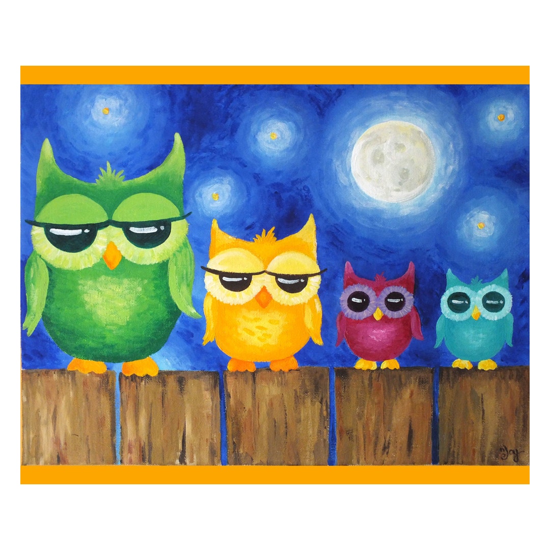 Childrens Wall Art PRINT,  Whimsical Owls On A Fence, 20x16, Art for Kids Rooms, Nursery Decor