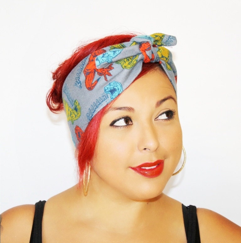 Vintage Inspired Head Wrap, Bandana Style, Dinosaur, RAAAAAH