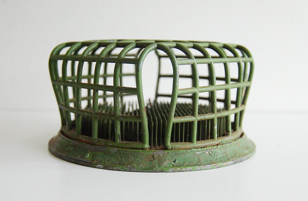 Large Green Metal Flower Frog - Repurposed Display Desktop Organizer