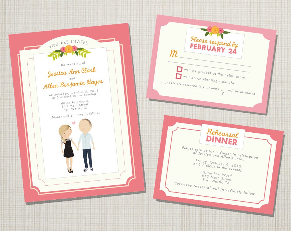 Wedding Invitation Suite Custom Cartoon printable design - Mimosa design (full length version)