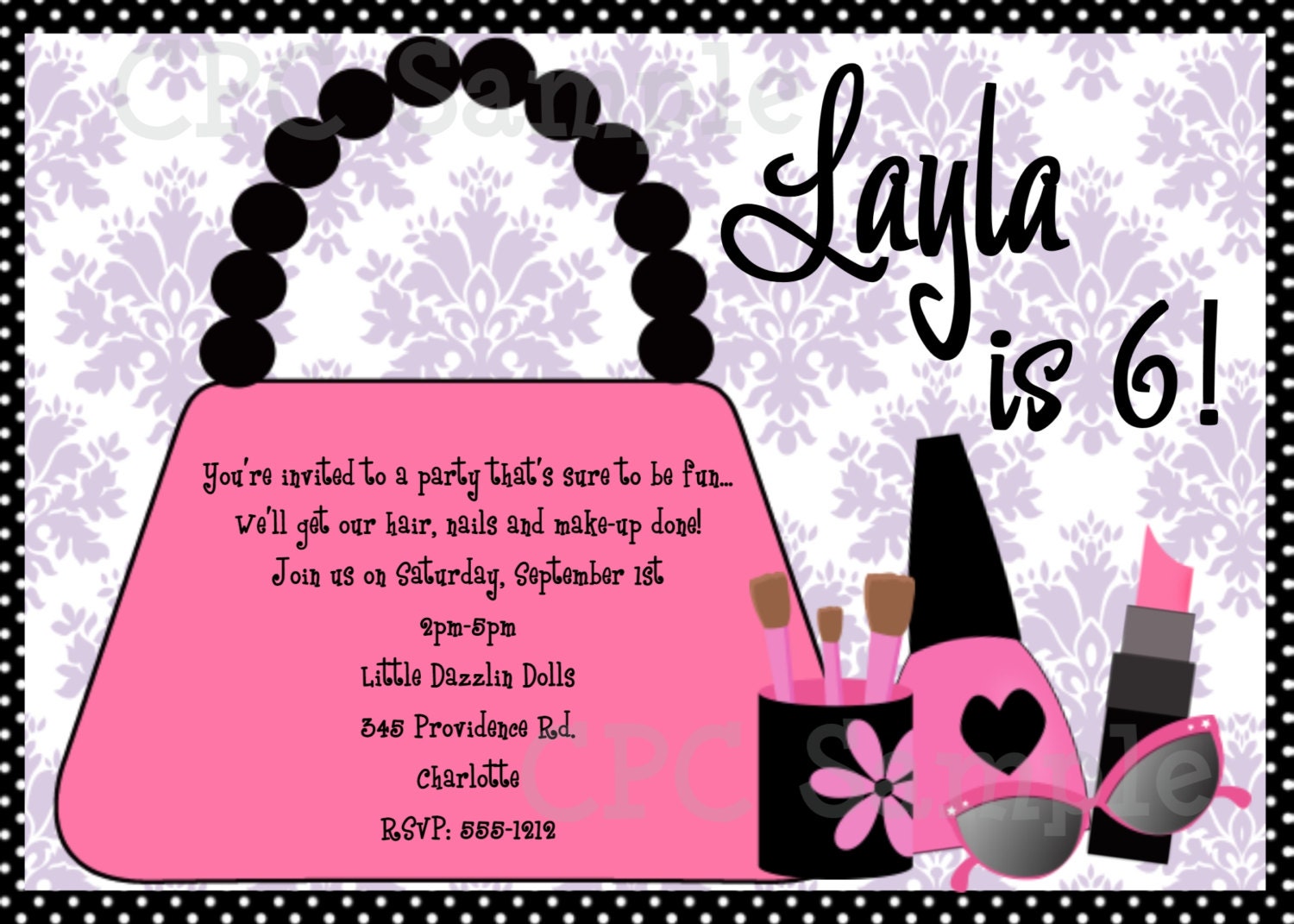 Glamour Girl Invitation Pocketbook Birthday Invitation Printable or Printed