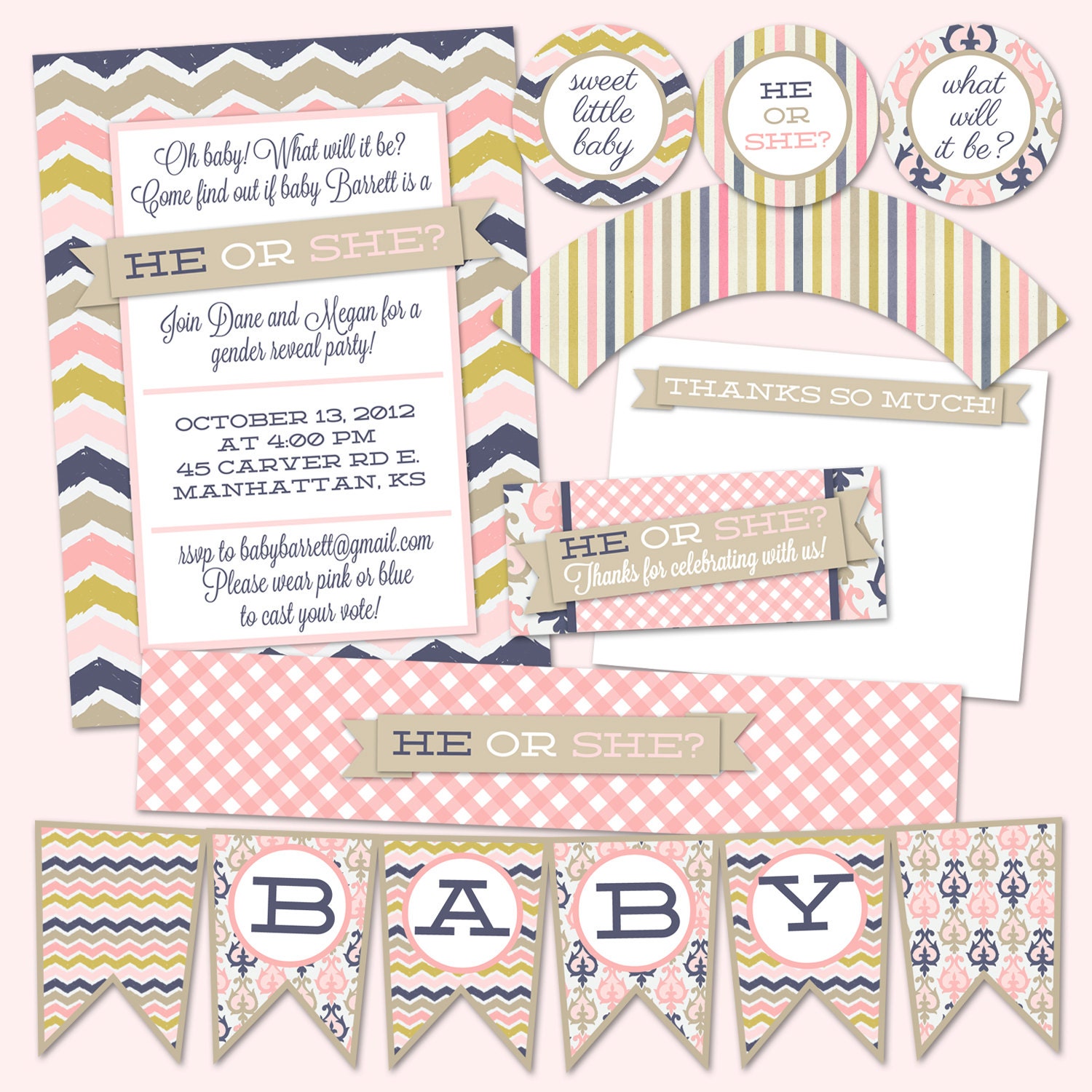 Gender Reveal invitation HE or SHE and Party Pack PDF