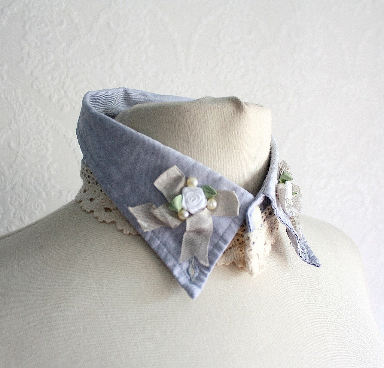 Victorian Collar Blue Choker Shabby Chic Eco Friendly Jewelry Embroidered Necklace Upcycled Shirt Cream Lace