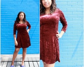 90s GRUNGE Crushed Velvet A Line Mini Dress Plus Size in Burgundy Red 1990s Womens Size L XL