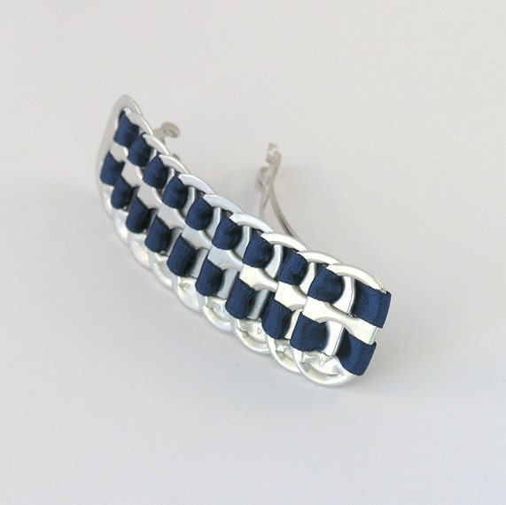 upcycled pop tab hair barrette- dark blue, stacked weave, 3 1/4 inch