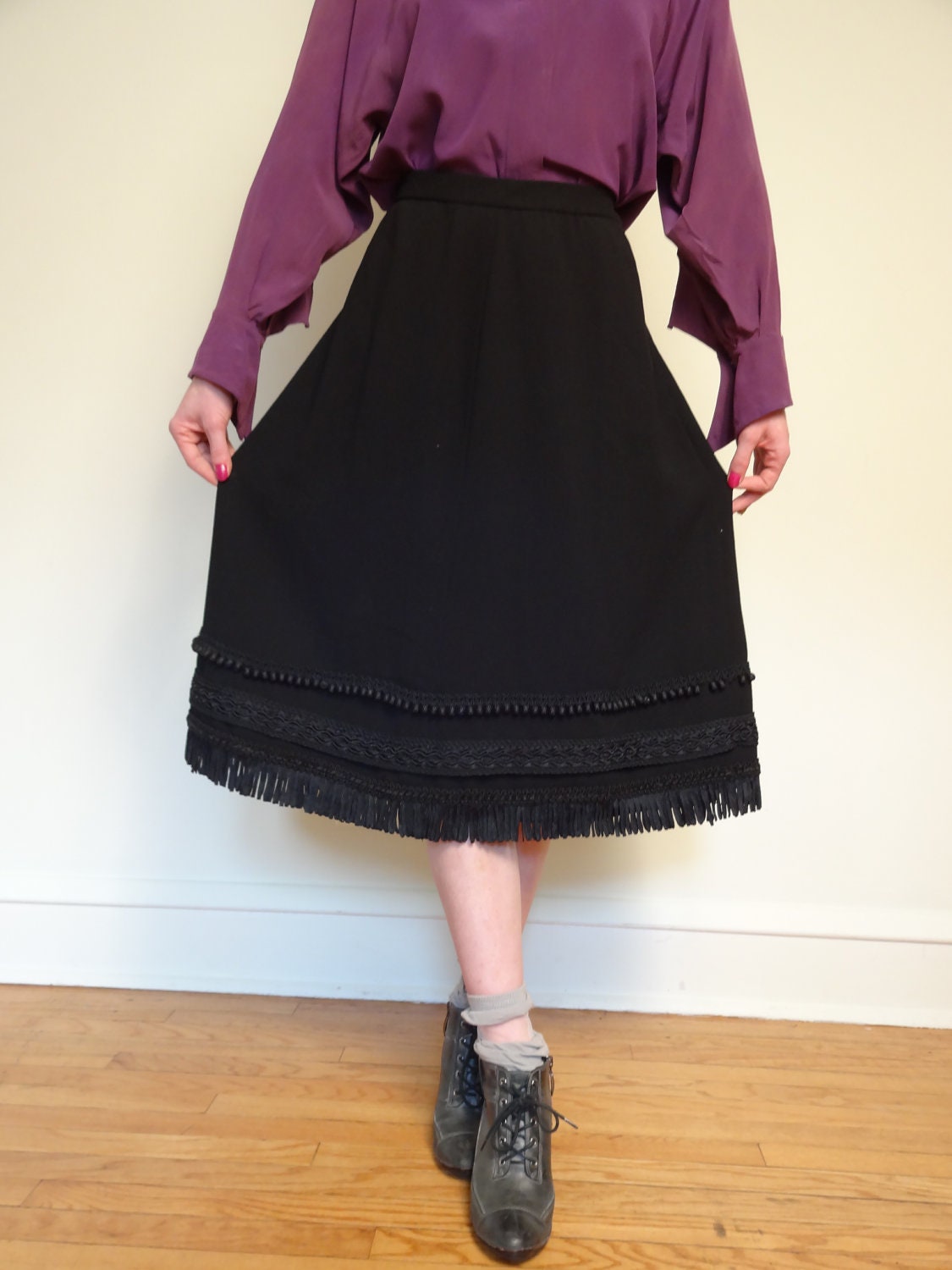 Vintage Couture Skirt in Black w/Ornate Trim, Fringe & Beads by Maggy Reeves, Large
