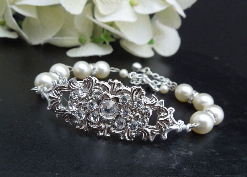 Bridal Bracelet,Pearl Bracelet,Ivory Pearls,Pearl Rhinestone Bracelet,Bridal Pearl Bracelet,Statement Bracelet,Bridal Cuff,Bride,CAMERON