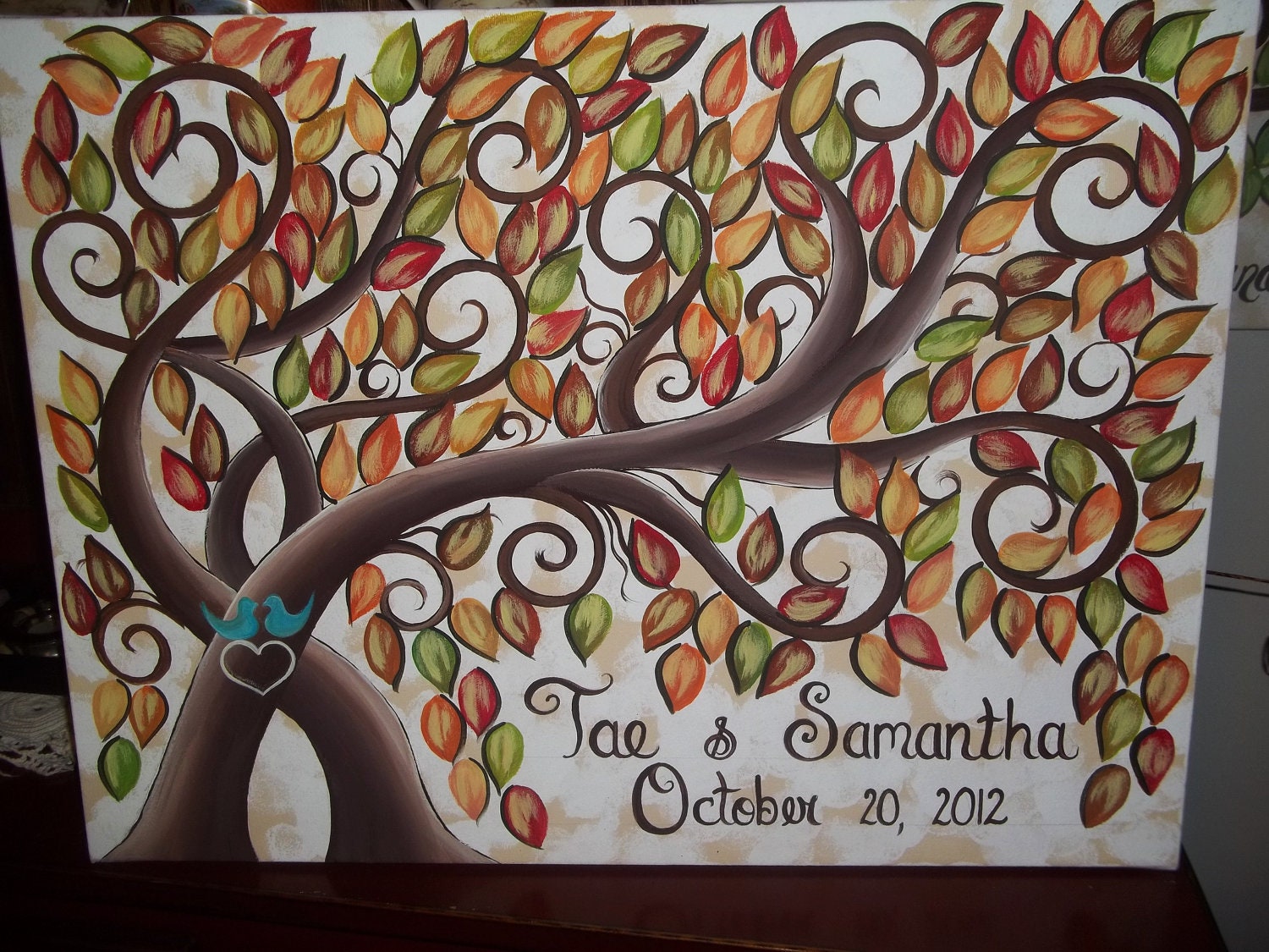 Wedding guest book signature tree....155 painted Fall leaves on 18 x 24 Stretched Canvas