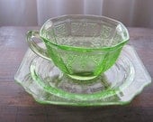 Vintage Anchor Hocking Princess Pattern Green Depression Glass Cup and Saucer Set