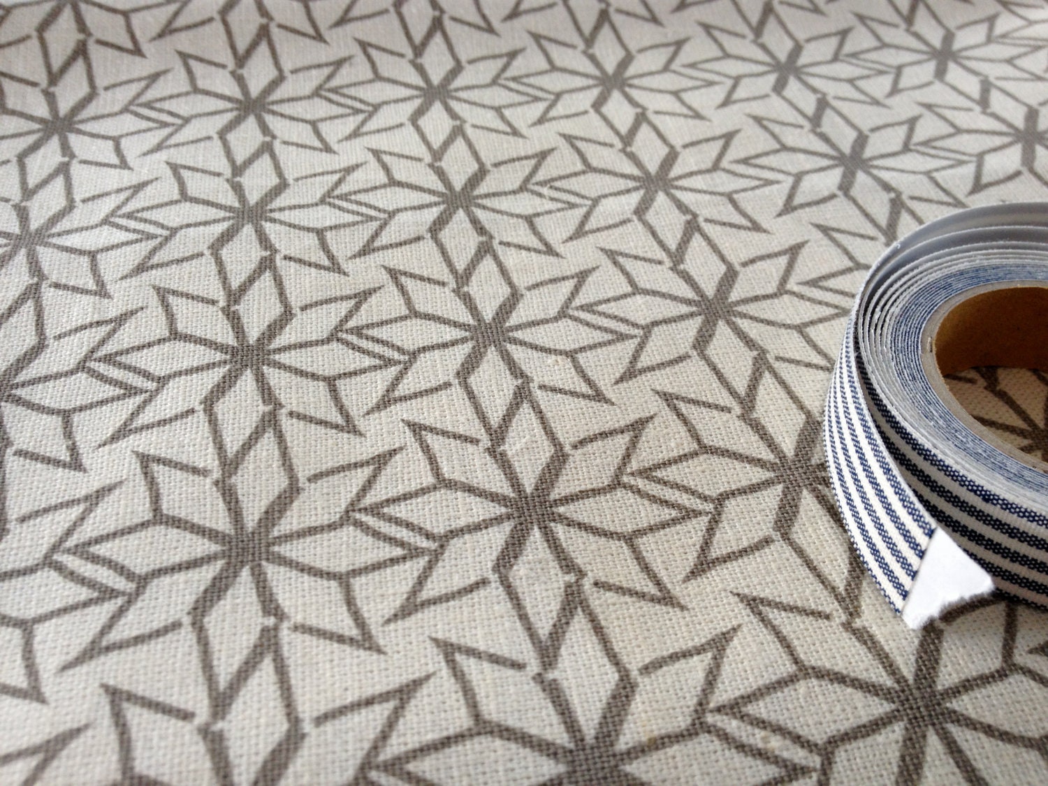 Hand Screen Printed Fabric - Geometric Star in Warm Grey on Birch