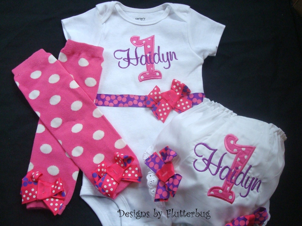 1ST BIRTHDAY Bodysuit, Bloomers and Leg Warmers Set -  Hot Pink and Purple Grape