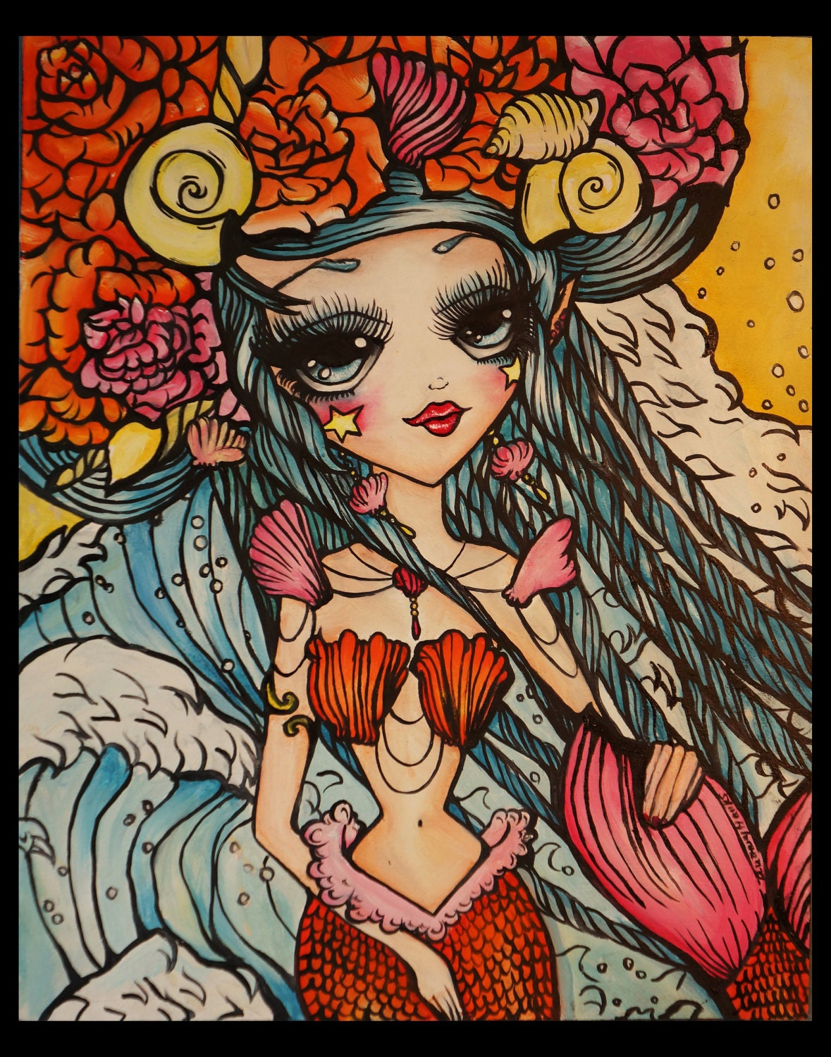 Cute Mermaid Kids Art Oil Painting, Girls room art, Childrens Art, big eye art,  lolita , pop surrealism , sweet print 16 by 20 fairy art