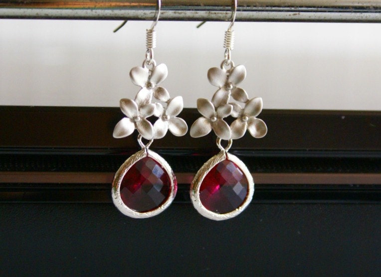 Silver Cherry Blossom with Ruby Red Drop Earrings Silver Cherry Blossom and Silver Filled Ruby Red Dangle Earrings-Also Available in Gold