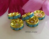 4 -  Rare 10mm Swarovski Turquoise Rondelles Spacers - Gold Setttings