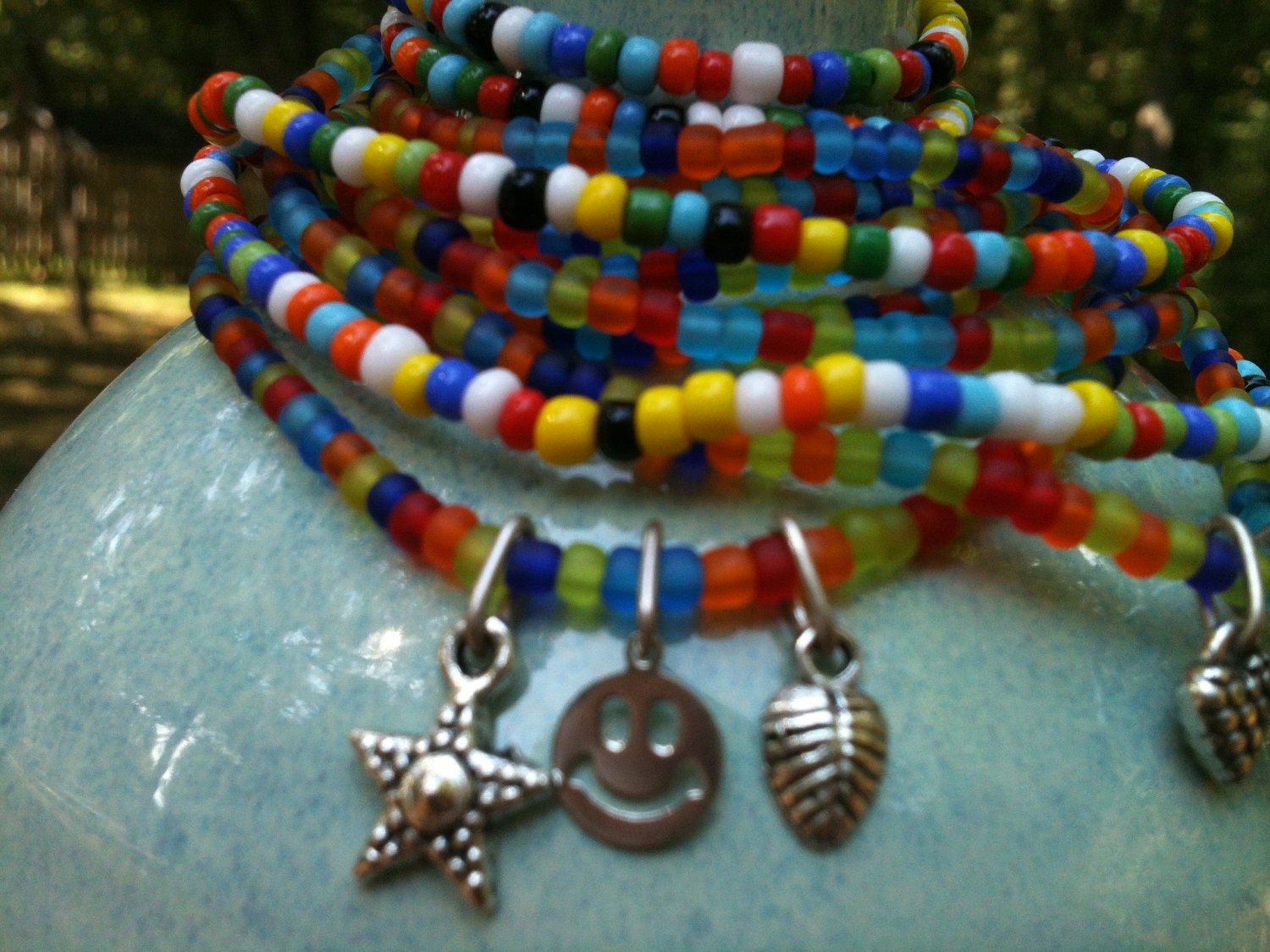 STUNNING BeAdEd STRETCHY Charm stacking bracelet Star / Leaf / Smiley Face Wrap 4 times doubles as Anklet