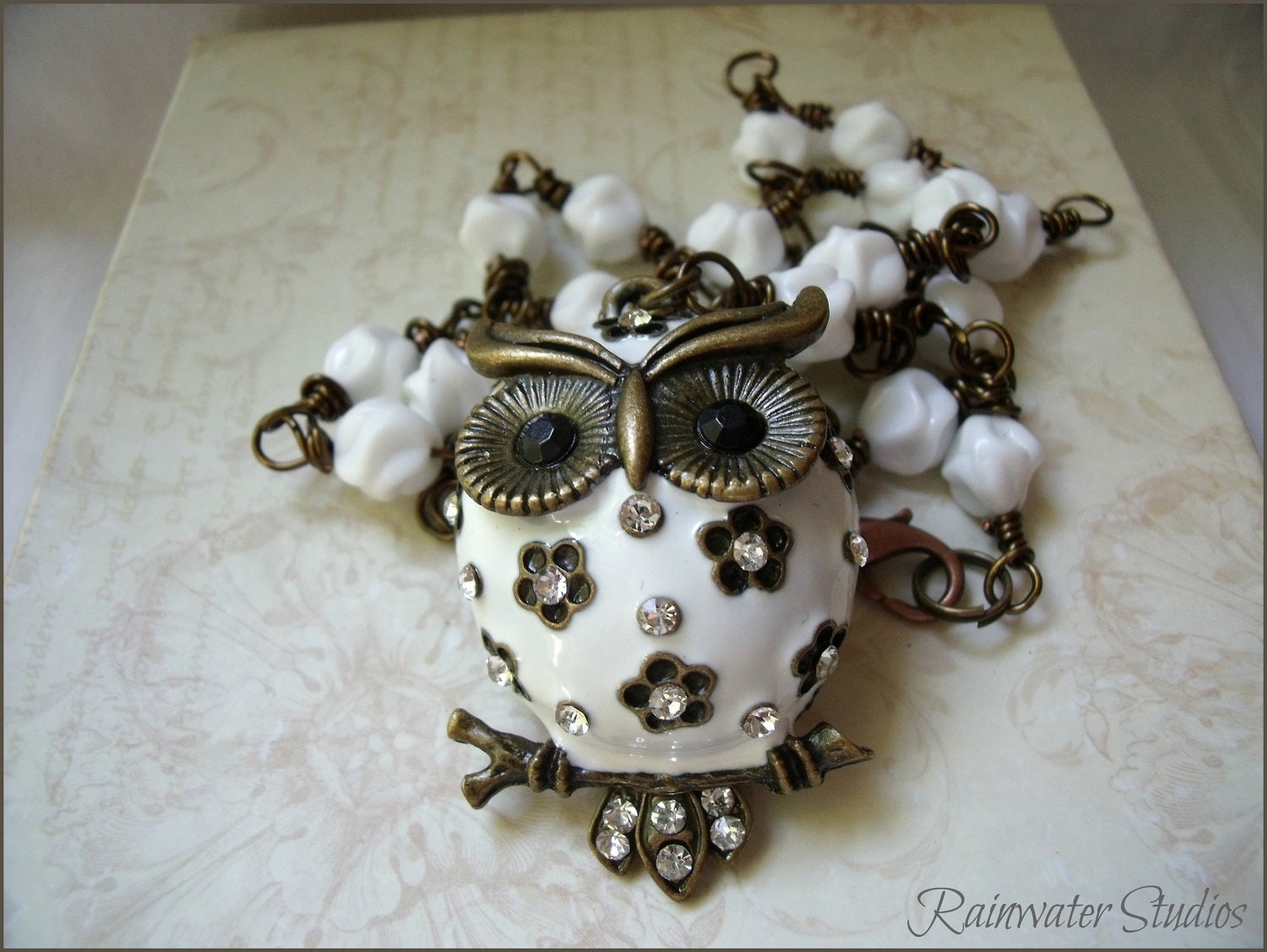 Owl Necklace - White Enamel, Vintage Milk Glass Beads