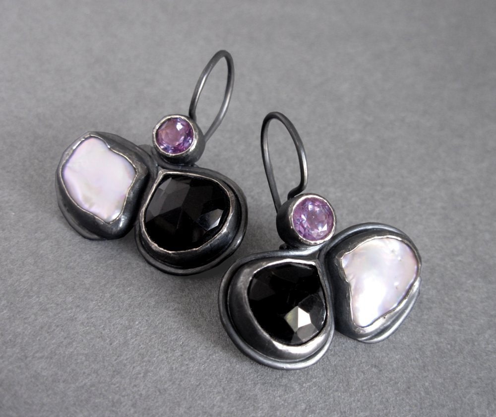 Urban Primadonna - Amethyst Pearl Onyx Silver Earrings