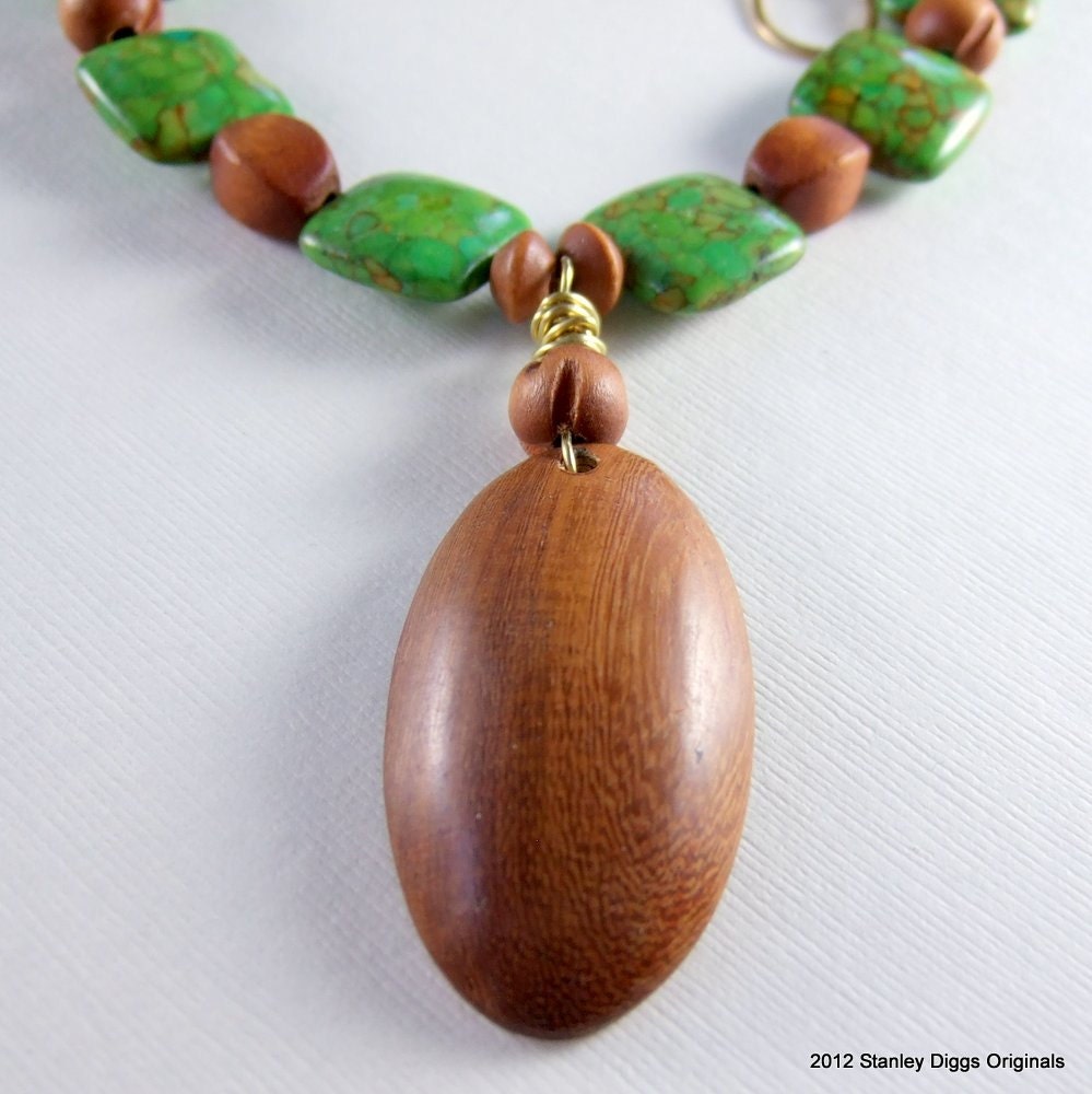 Green Stone and Wooden Bead and Pendant Necklace, Earrings, and Bracelet