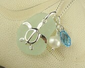 Seaglass Turtle Necklace With Pearl And Swarovski Aquamarine Crystal