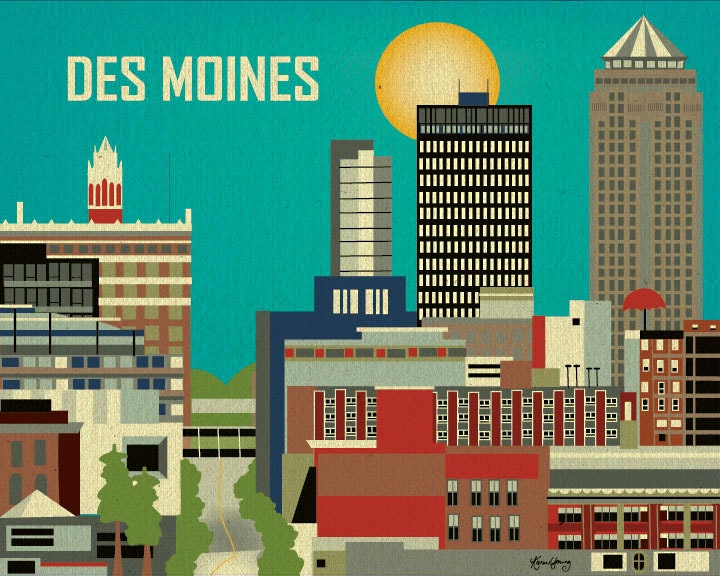 Des Moines, Iowa Skyline - Destination Poster Print Wall Art for Homes, Office, and Nursery Decor - Brand New - style E8-O-DES