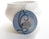 SALE - Enamel Necklace -- Large Pendant, Slate Gray Blue, Tan Beige, Enameled Copper Jewelry