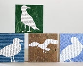 Sea Bird Blocks, Water Birds Hand-cut from Vintage Book Pages Over Decorative Paper on Freestanding 4"x4" Birch Blocks