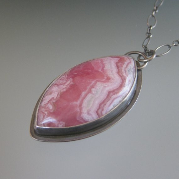 Raspberry Rose Pink Rhodochrosite Pendant Necklace in Sterling Silver