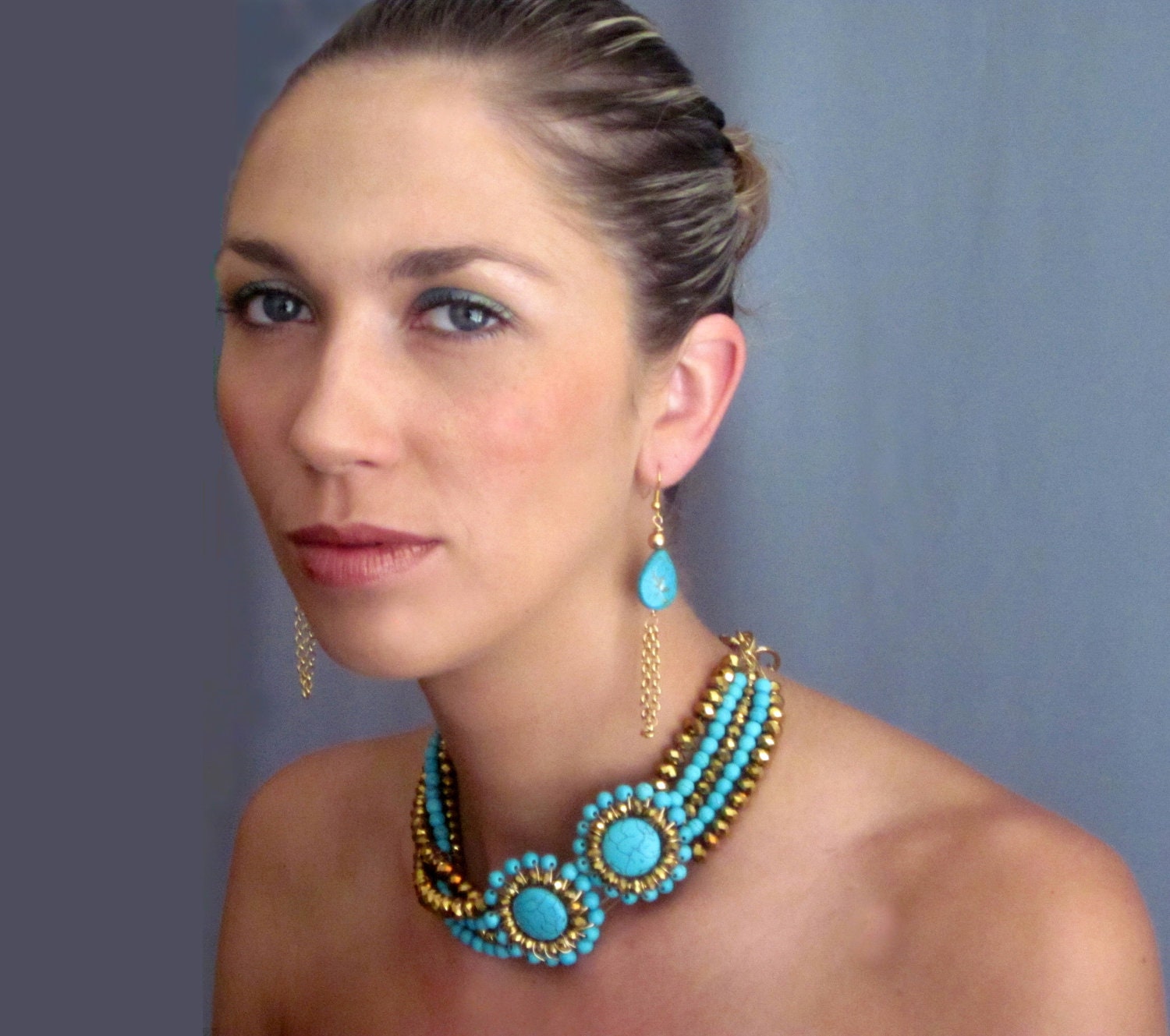 Turquoise Stone Gold Egyptian Goddess Crystal Statement Necklace
