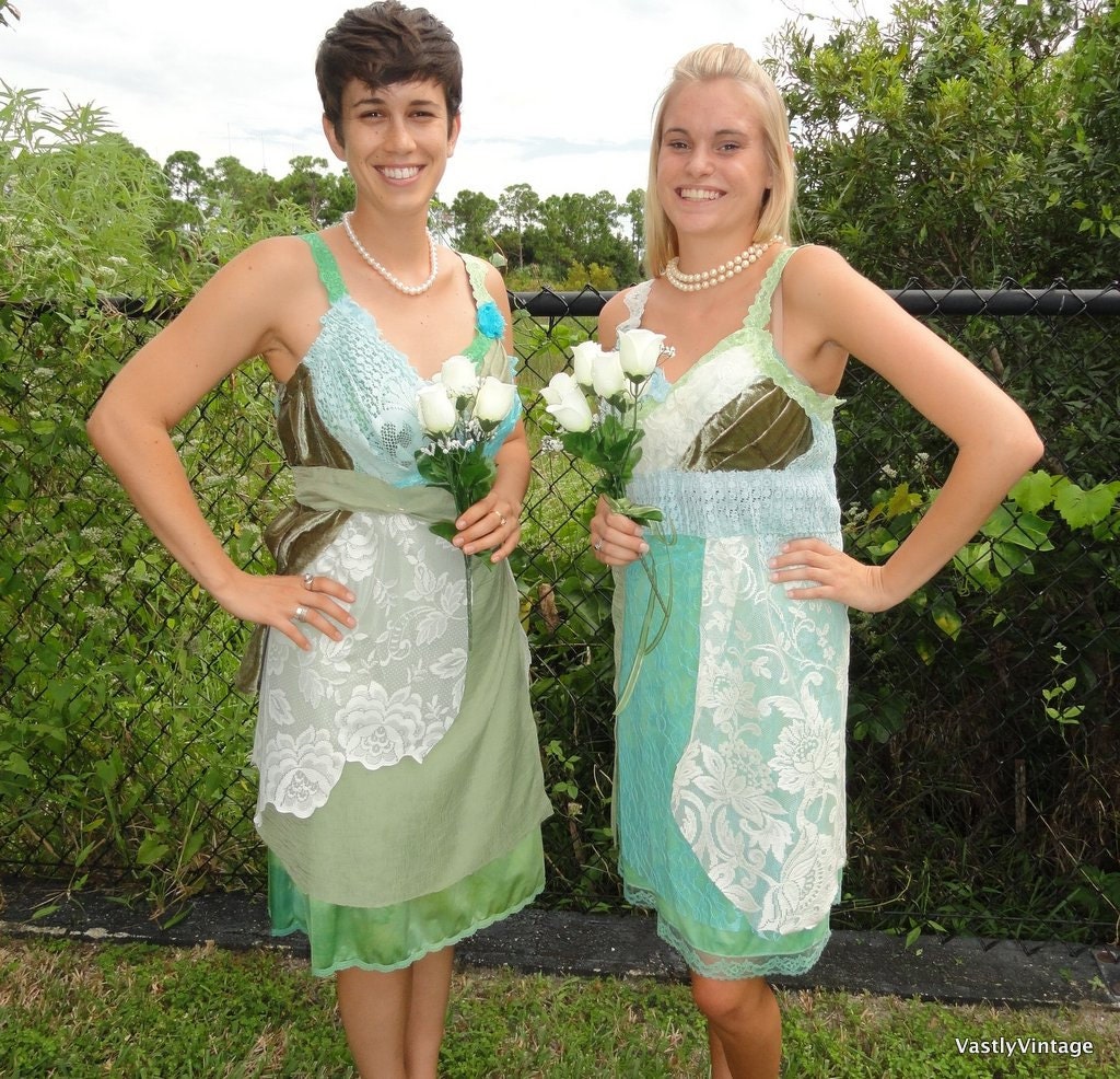 Custom Lace Bridesmaid Dresses -Upcycled vintage reclaimed Dresses- Vintage Turqoise, Greens, Ivory Slip Dress by vastly vintage on etsy