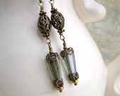 Victorian Earrings of Green and Brass - ornate filigree beads and finding with green Picasso Czech glass beads - Victorian Jewelry
