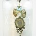 Necklace pendant valentines day vintage style repurposed fabric aqua ecru bow antique gold victorian shabby chic free shipping