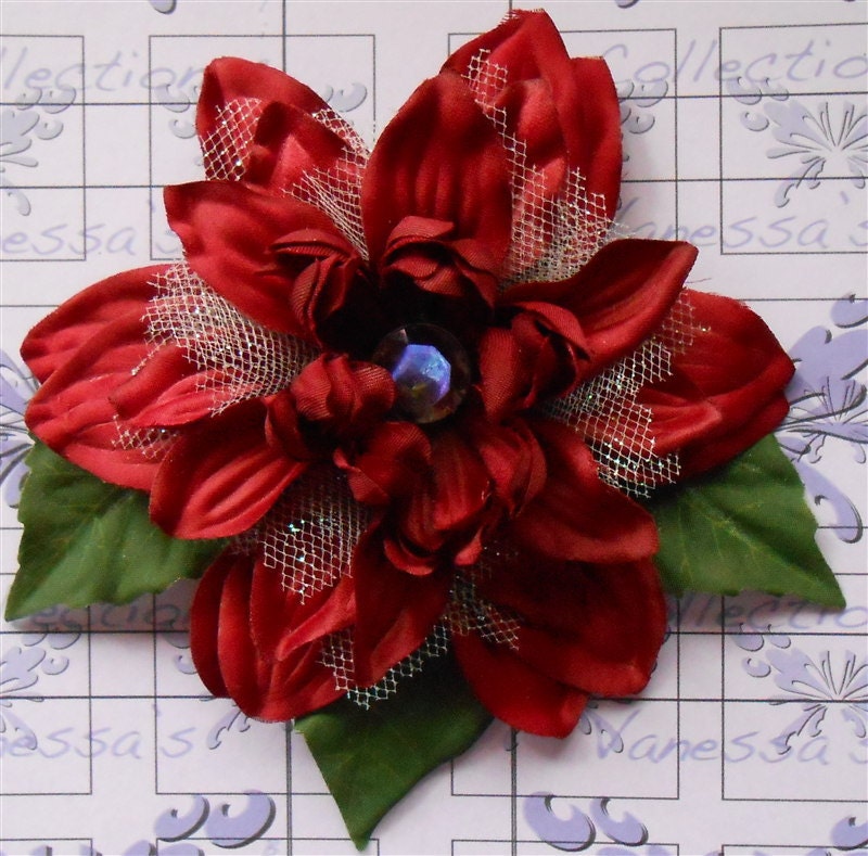 Red Dahlia Silk Flower Clip with Ivory Glitter Tulle - Prom, Wedding Accessories - Special Occasion Hairpiece