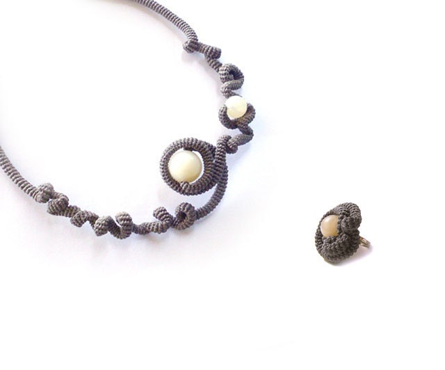 Intricate Fiber Jewellery Set Necklace - Ring Free Form Burnt Driftwood