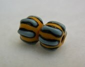 Handcrafted colored porcelain clay beads - blue striped yellow porcelain bead, pair for jewelry designers
