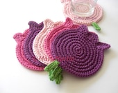 Crochet Coasters Pink Purple Rose Tulips . Valentine Gift Beverage Drink Original Home Decor Crochet Spring Garden Teacher Gifts - Set of 6