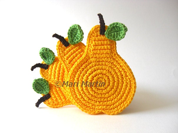 Yellow Pear Crochet Coasters . Green Leaves Beverage Drink Juice Mustard Decor Crochet Fruit Collection - Set of 4