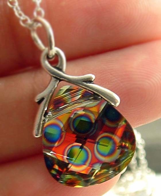 Shipping Peacock Eye Necklace - Rainbow Colors Flat Pear Swarovski Briolette Teardrop Pendant on Sterling Silver Chain