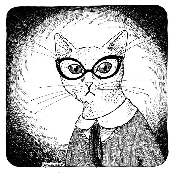 Working Mrs Cat white wearing glasses print of an Original Illustration nursery art