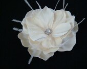 Deep Ivory Hair Flower with ostrich feathers and RHINESTONE centerpiece / bridal ivory flower hair clip