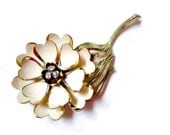 Vintage Signed Coro Enameled Cream Flower AB Rhinestone Pin Brooch