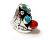 Handcrafted HUGE Sterling Silver Genuine Turquoise and Coral Nuggets Mens Ring Size 9