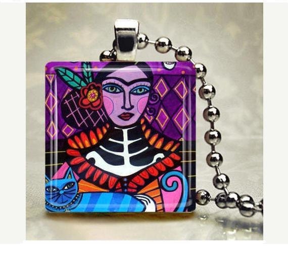 Day of the Dead Jewelry - Mexican Folk Art Jewelry Frida Kahlo Necklace pendant Necklace Charm Sugar Skulls Skeleton