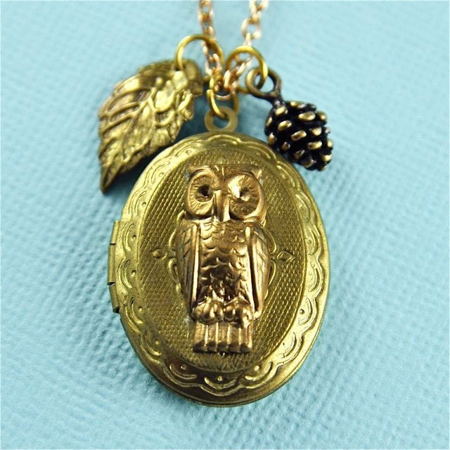 Gold Brass Woodland Owl Locket with Leaf and Pine Cone Accent Charms